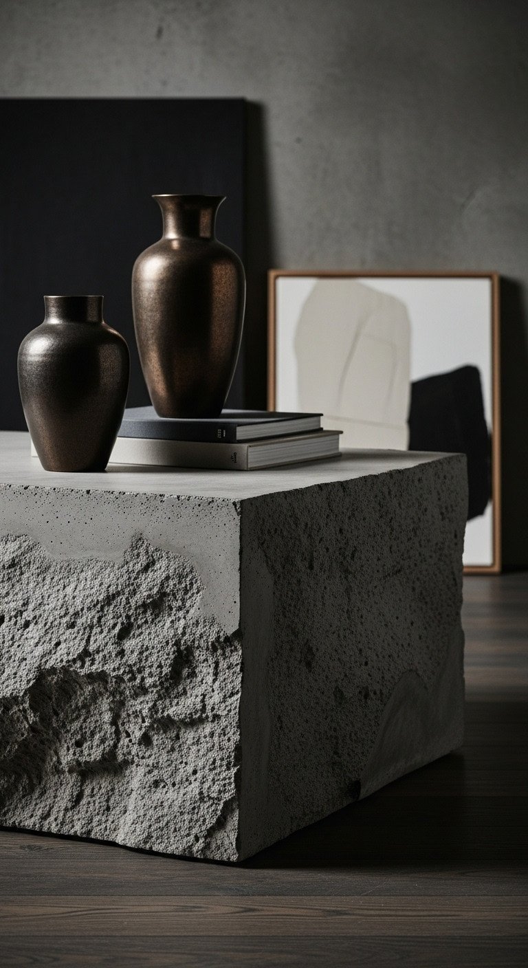 Genius Sculptural Coffee Table Designs For A Stunning Home 7 Brutalist concrete sculptural coffee table, rough heavily textured, raw monolithic form, dark wood floor, dramatic shadows, modern industrial.