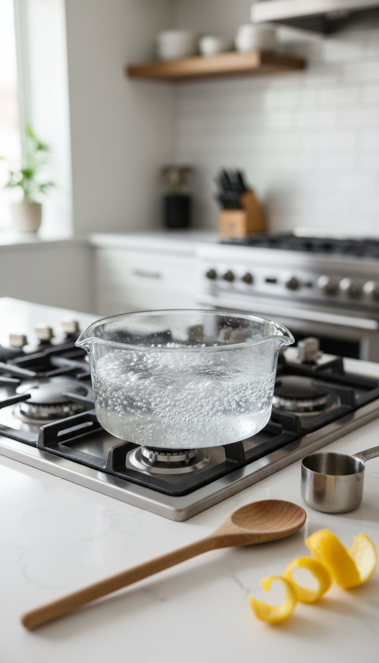 Bubbling clear simple syrup in a glass saucepan on a stainless steel stove with a wooden spoon, measuring cups, and citrus peels.
