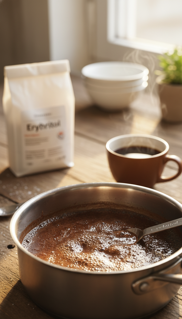 Homemade Mocha Syrup for Rich Iced Coffee Drinks 5 Bubbling sugar-free sweetener and cocoa powder in a saucepan with erythritol, coffee, and measuring spoon on a rustic table.