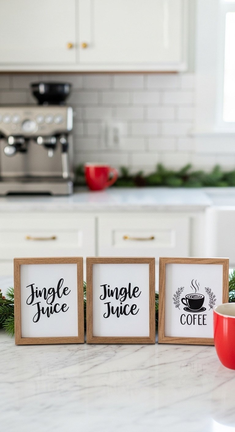 Budget DIY Christmas coffee bar: three framed festive printable signs on marble counter, white wall, green garland, red mug.