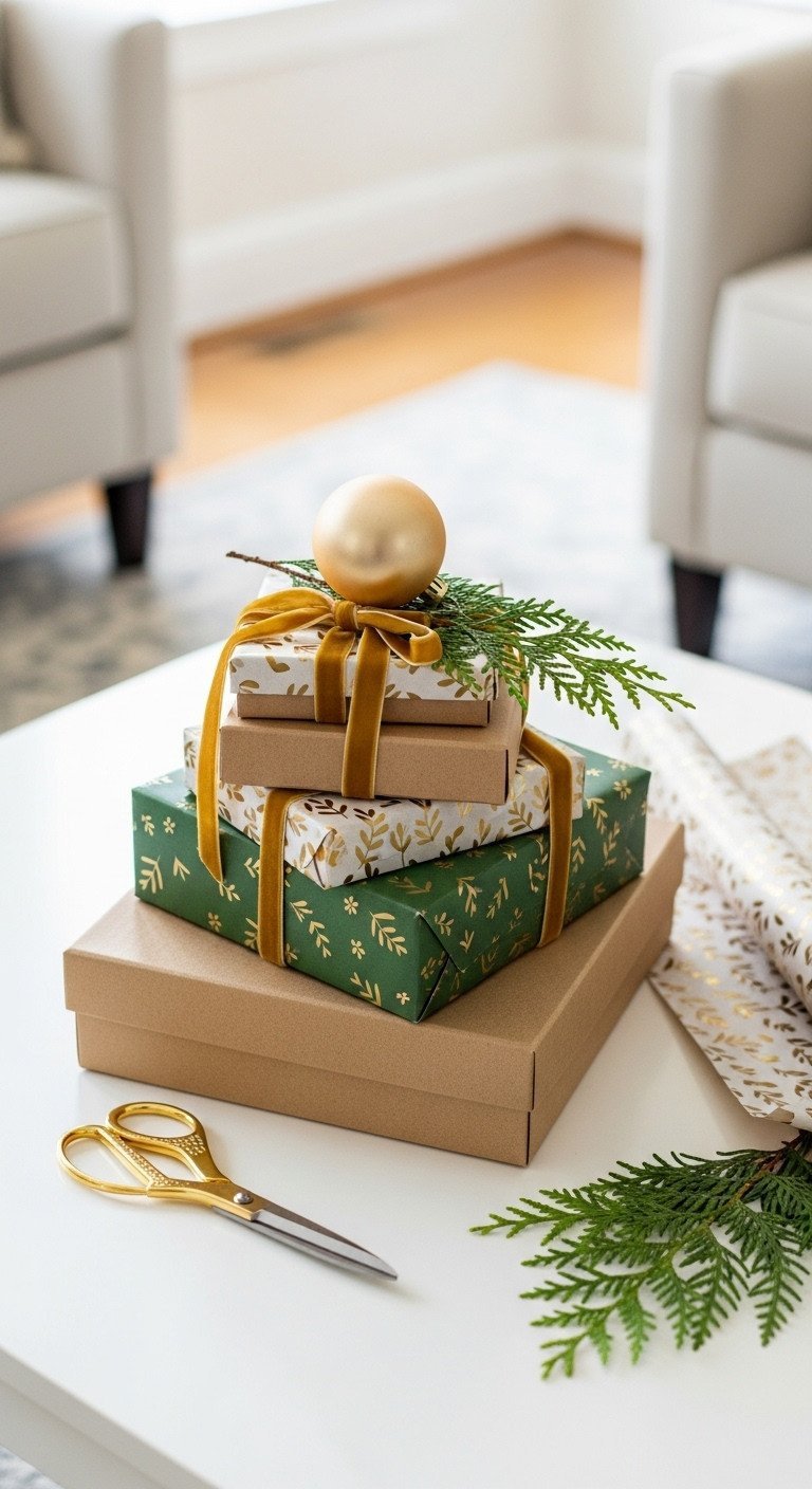 Budget-friendly Christmas coffee table decor featuring stacked wrapped gift boxes in gold, green, cream with velvet ribbon and cedar sprig.