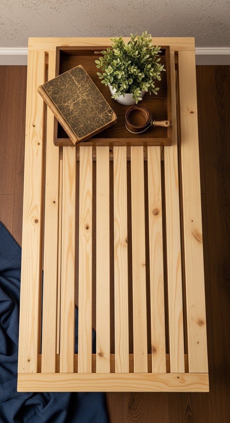 Budget-friendly DIY farmhouse coffee table with slatted wood top. Homey room, warm creams, golden browns, rustic decor.