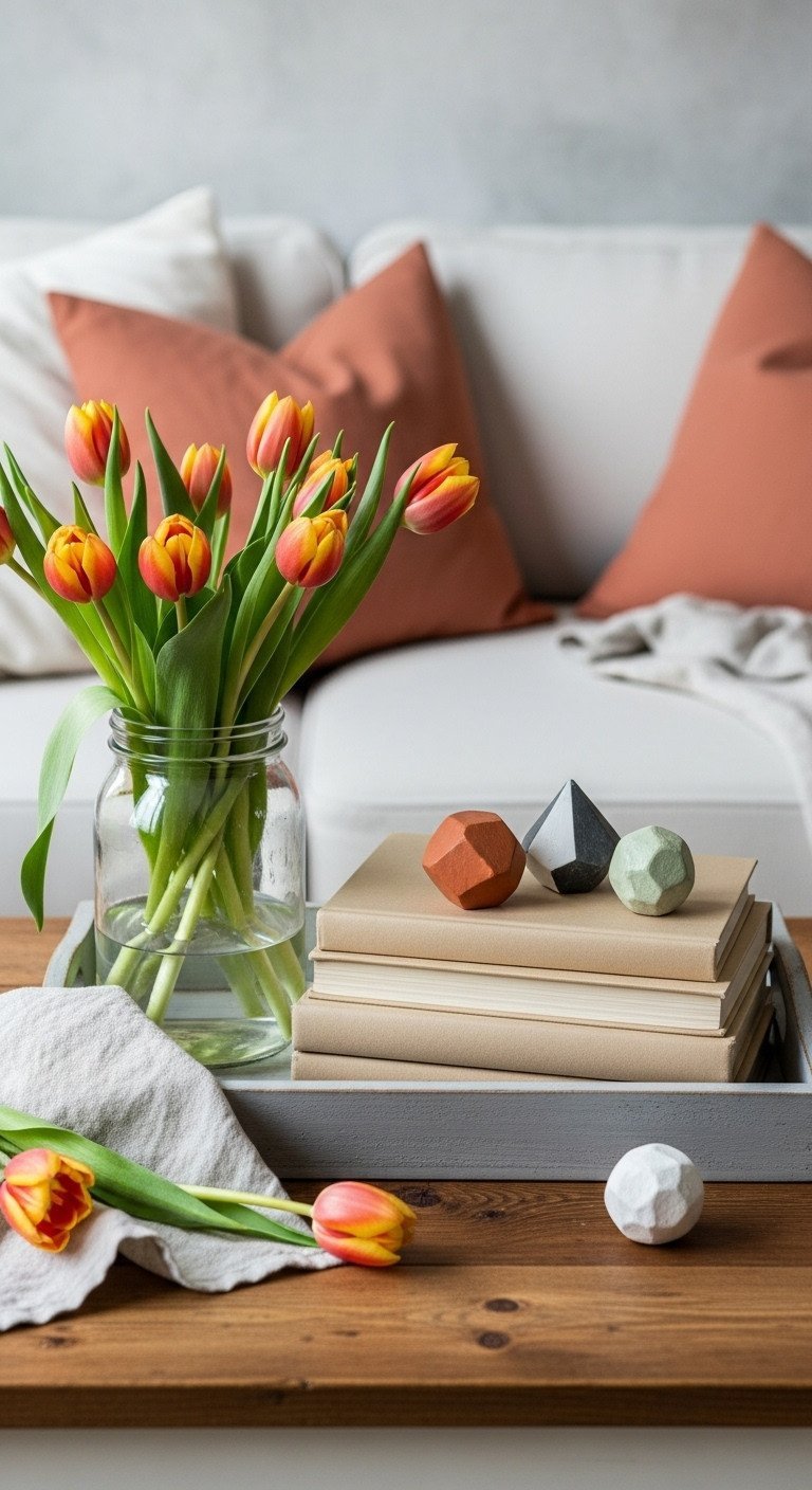 Transform Your Home With 7 Easy Coffee Table Vignettes 12 Budget-friendly coffee table decor: repurposed jar, thrifted books, DIY painted rocks on a painted wooden tray, with tulips.