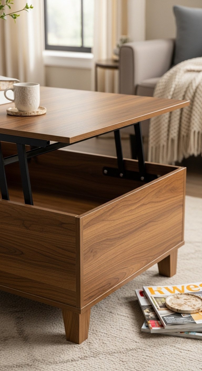 Unlock Genius Storage In A Quality Lift-Top Coffee Table 12 Budget-friendly wood veneer lift-top coffee table, rich brown, partially raised, showcasing smooth action and wood grain texture.