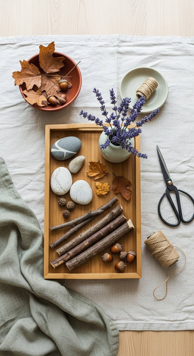 Budget seasonal coffee table decor: DIY wooden tray with river stones, twigs, dried lavender, gathered leaves & acorns. Natural.