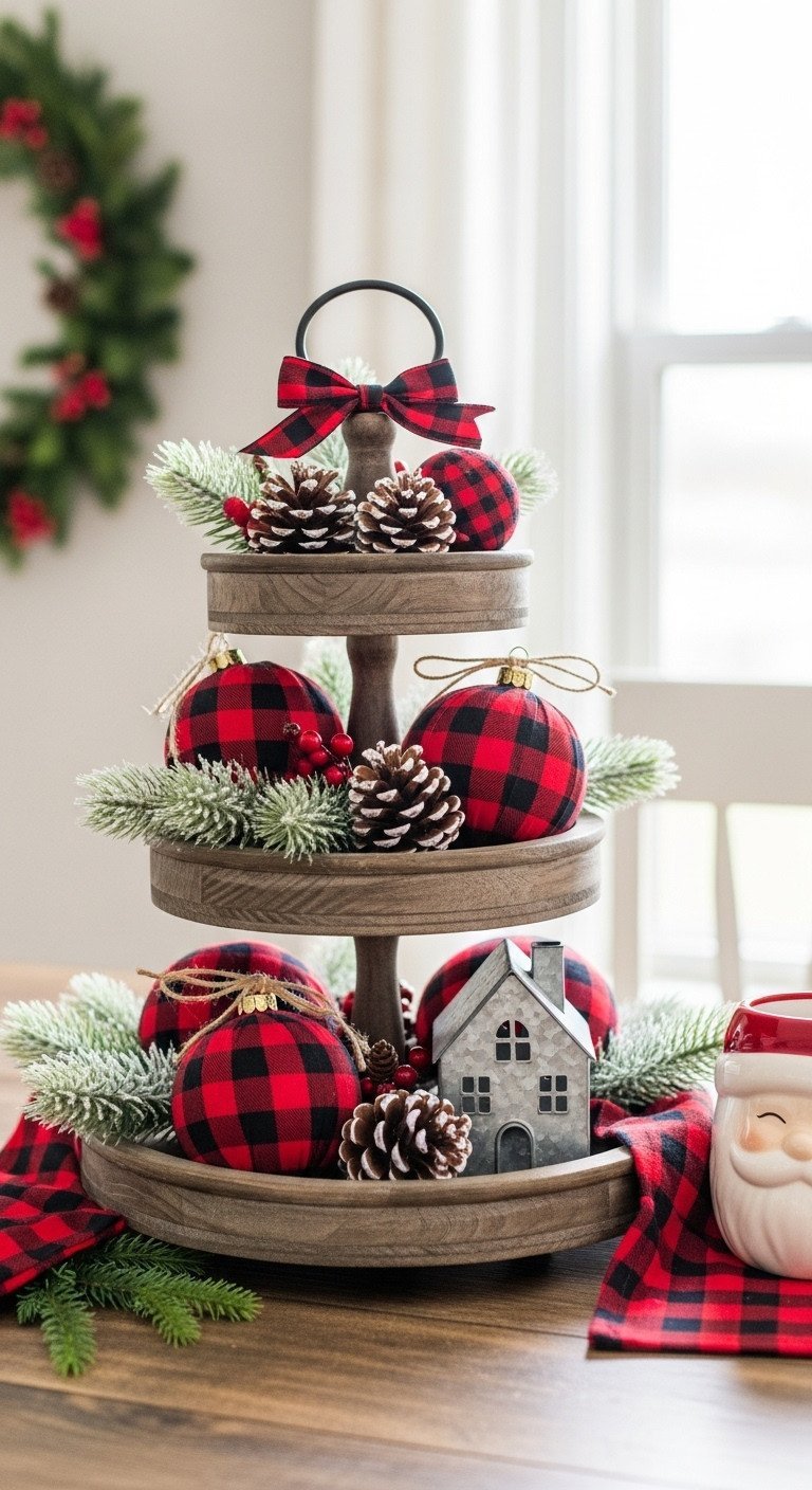 Buffalo plaid Christmas tiered tray with red & black ornaments, pine cones, faux snow, galvanized house, cozy holiday decor.