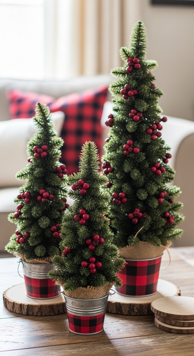 Buffalo plaid mini Christmas trees in burlap buckets with red berries on a distressed wood coffee table, festive holiday decor.