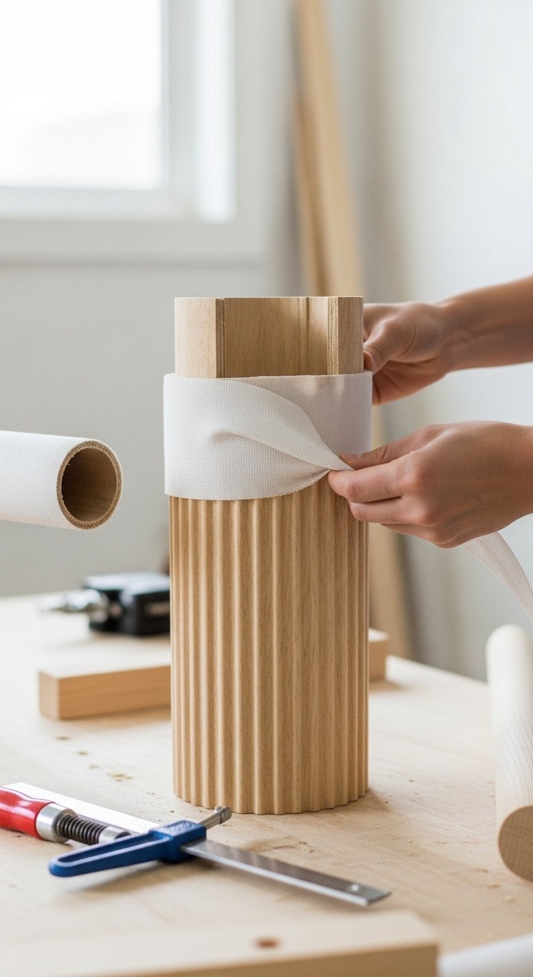 Simple DIY Fluted Coffee Table To Elevate Your Space 3 Builder's hands aligning flexible fluted pole wrap on a DIY coffee table base in a workshop, with wood clamps & tools.