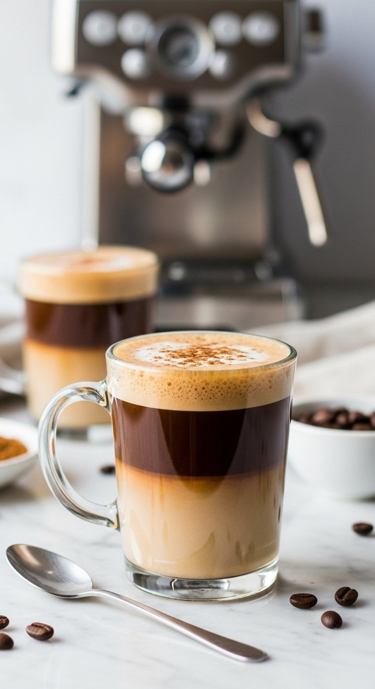 Tea Latte Recipes Ultimate Guide To Perfect Ratios And Foam 21 Buzzing Dirty Chai Latte, espresso, chai, foam in glass. Spoon, coffee beans on marble. Blurred coffee machine, vibrant daylight.