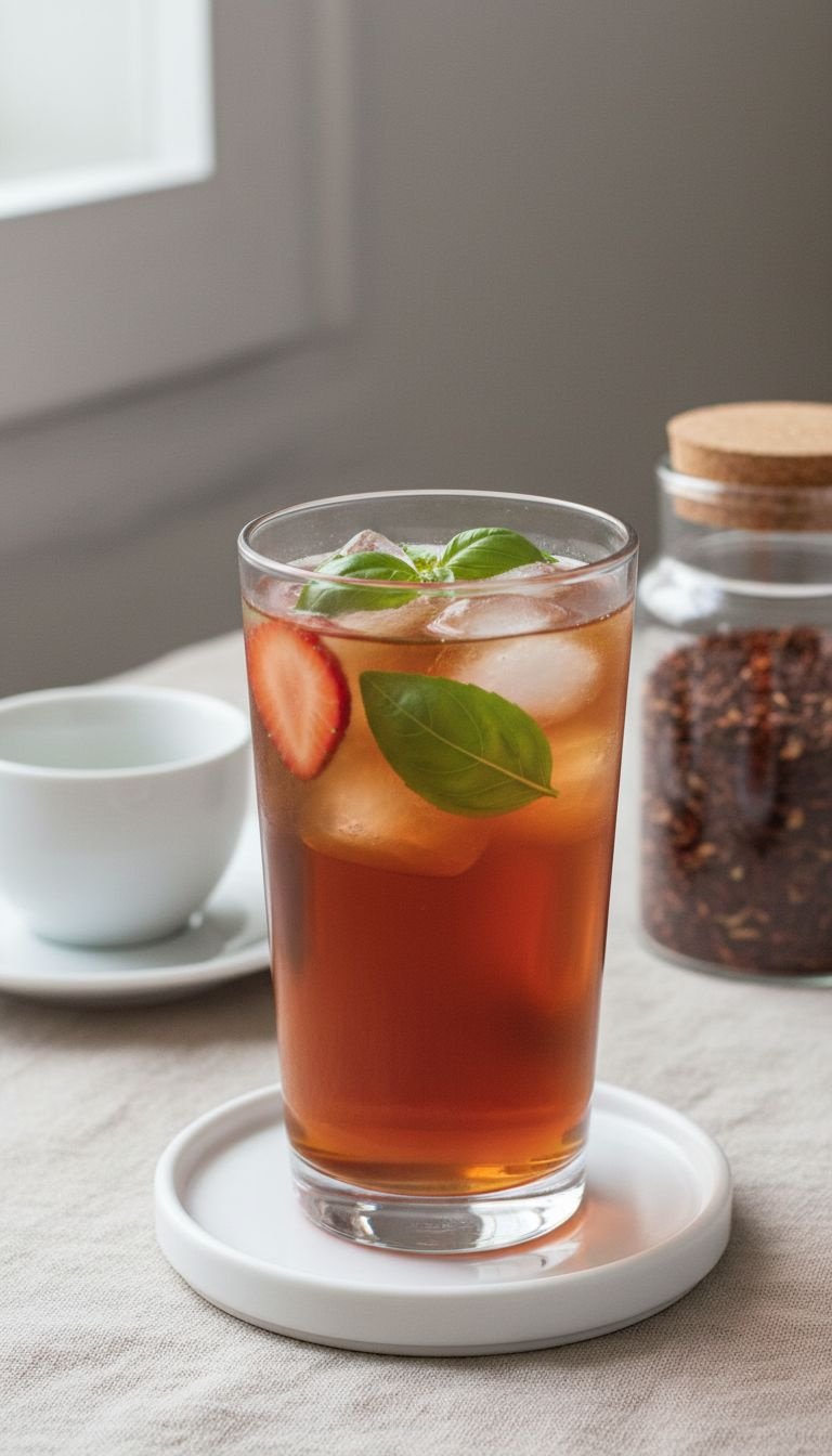Caffeine-free rooibos strawberry iced tea with basil leaves and sliced strawberries in a tall glass.