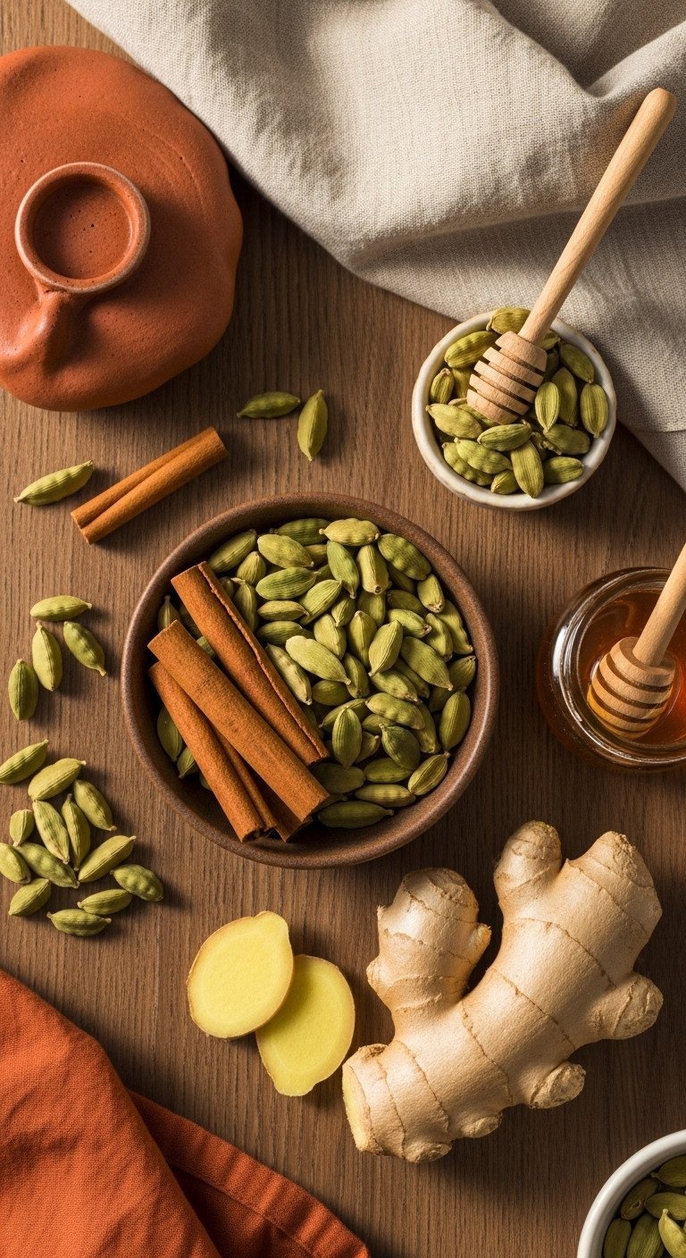 Cardamom Tea Ultimate Recipe Guide 7 Proven Benefits and Flavor Secrets 15 Cardamom tea ingredients: green pods, cinnamon sticks, sliced ginger root on rustic wood, for metabolic health.