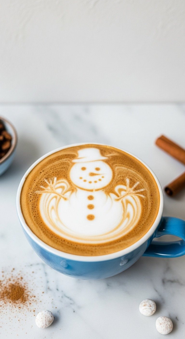 Charming snowman latte art, two white foam circles on rich brown coffee in a blue mug on marble, bright daylight.