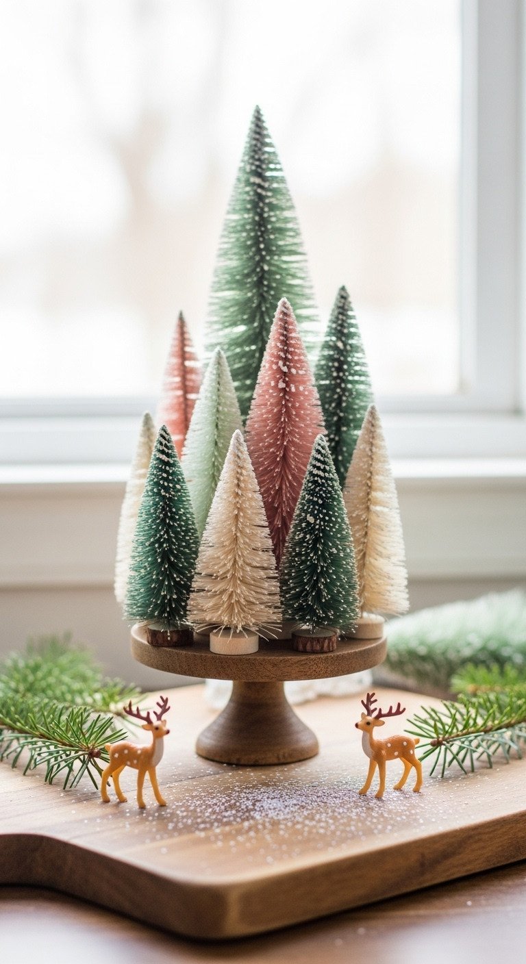 Charming vintage bottle brush trees in green, white, pink on a wooden stand, with small reindeer and glitter.