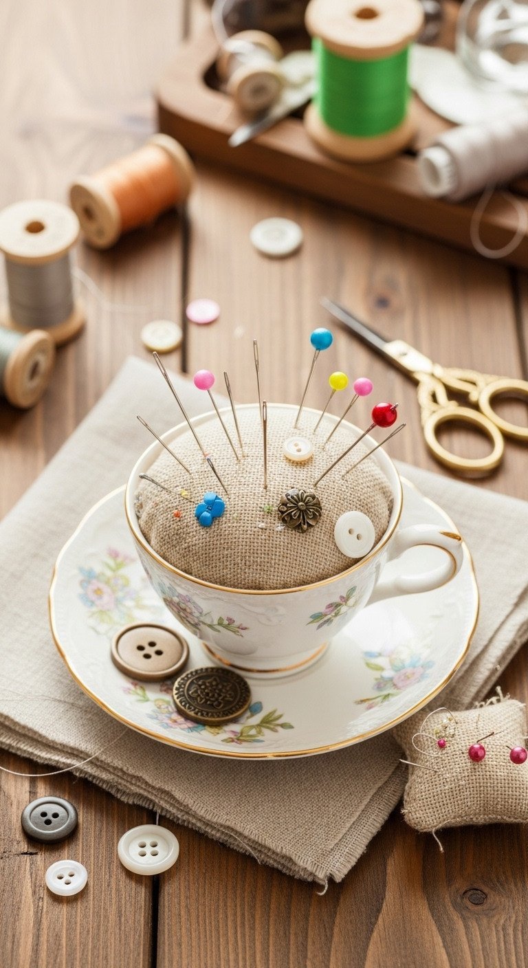 11 Tea Cup Upcycle Ideas Master China Drilling and Permanent Bonds 15 Charming vintage teacup pin cushion overflowing with colorful sewing needles and antique buttons on a craft desk.