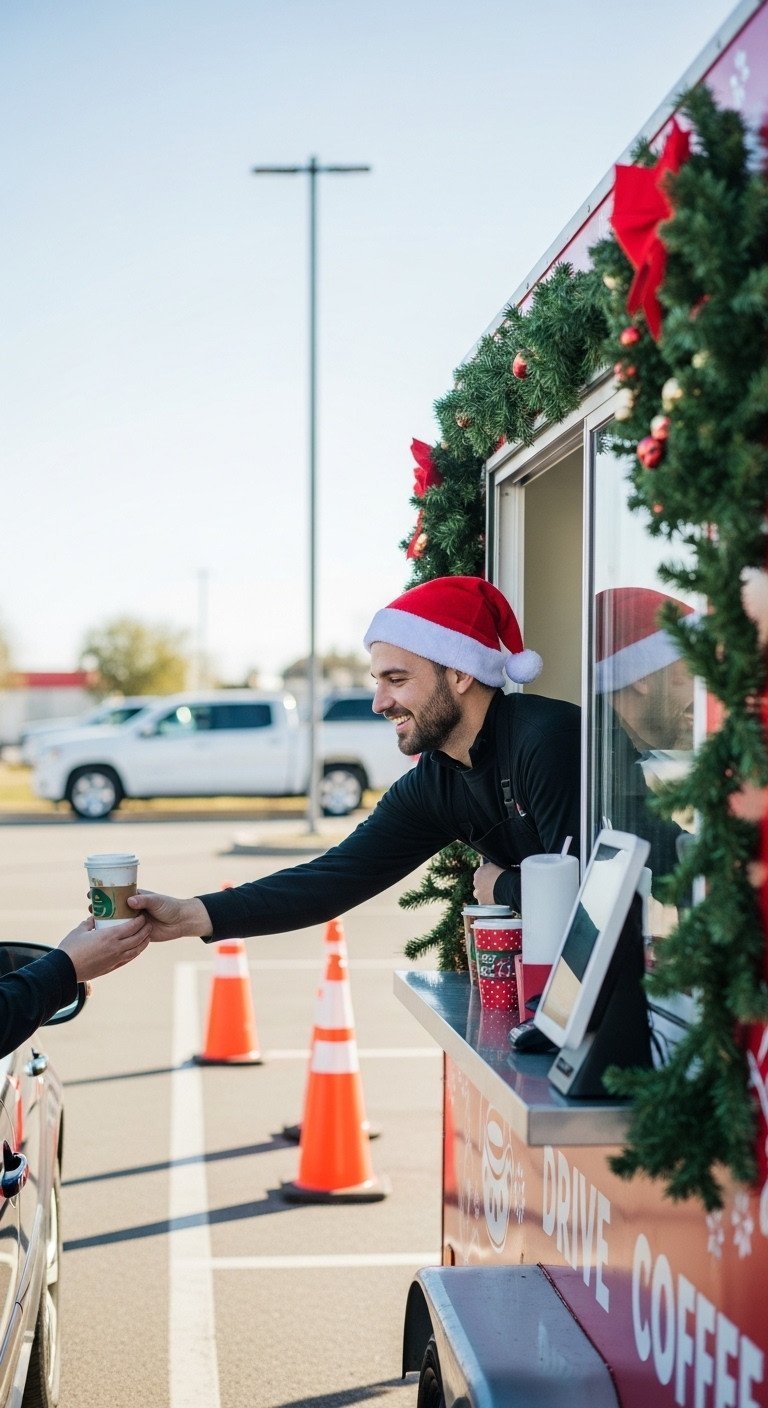 Cheerful barista hands a festive coffee drink through a decorated Christmas drive-thru window, quick holiday service.