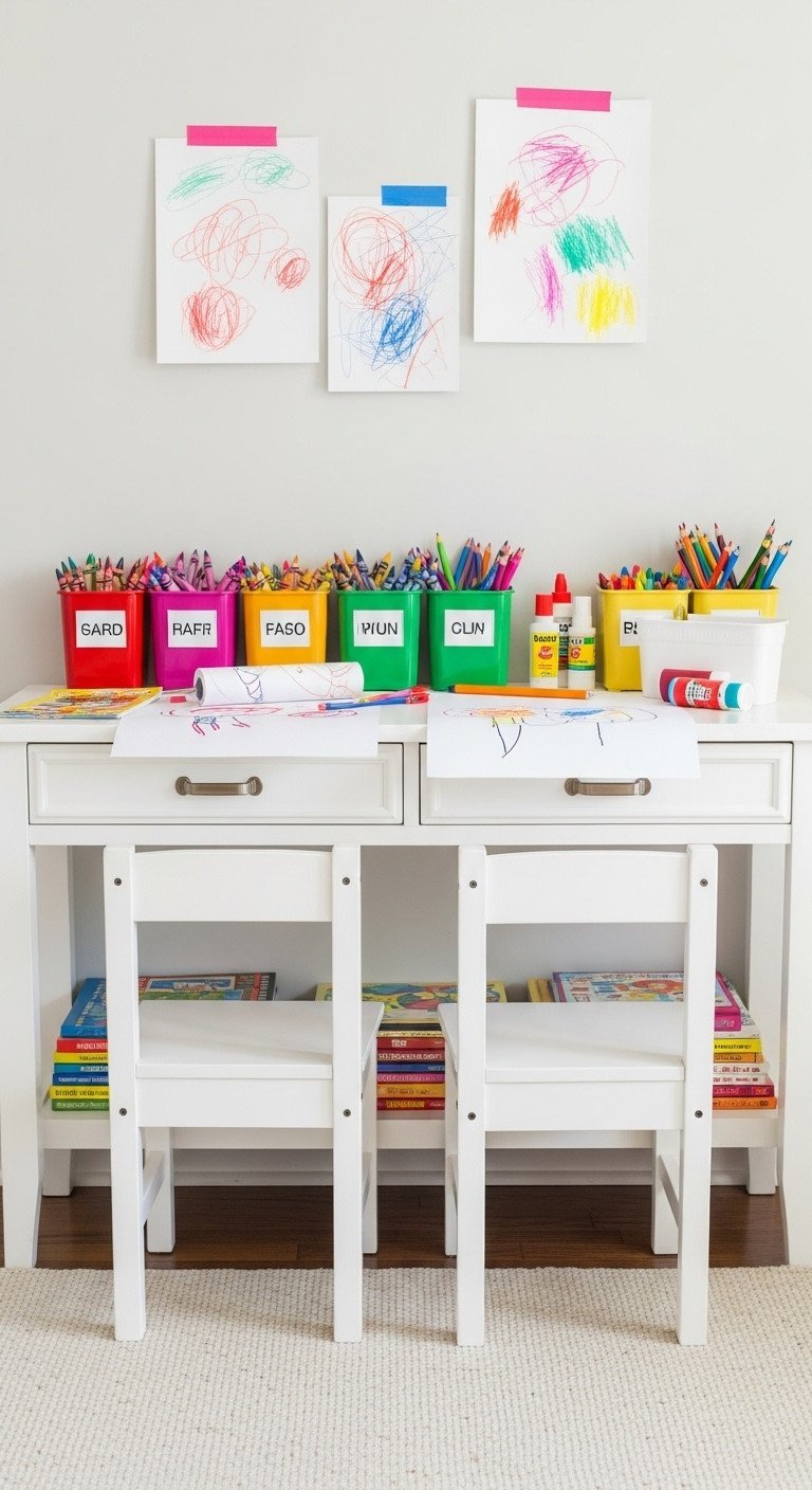 Cheerful kids craft area on white melamine console table, colorful storage caddies, crayons, glue, paper dispensers, workspace, primary colors.