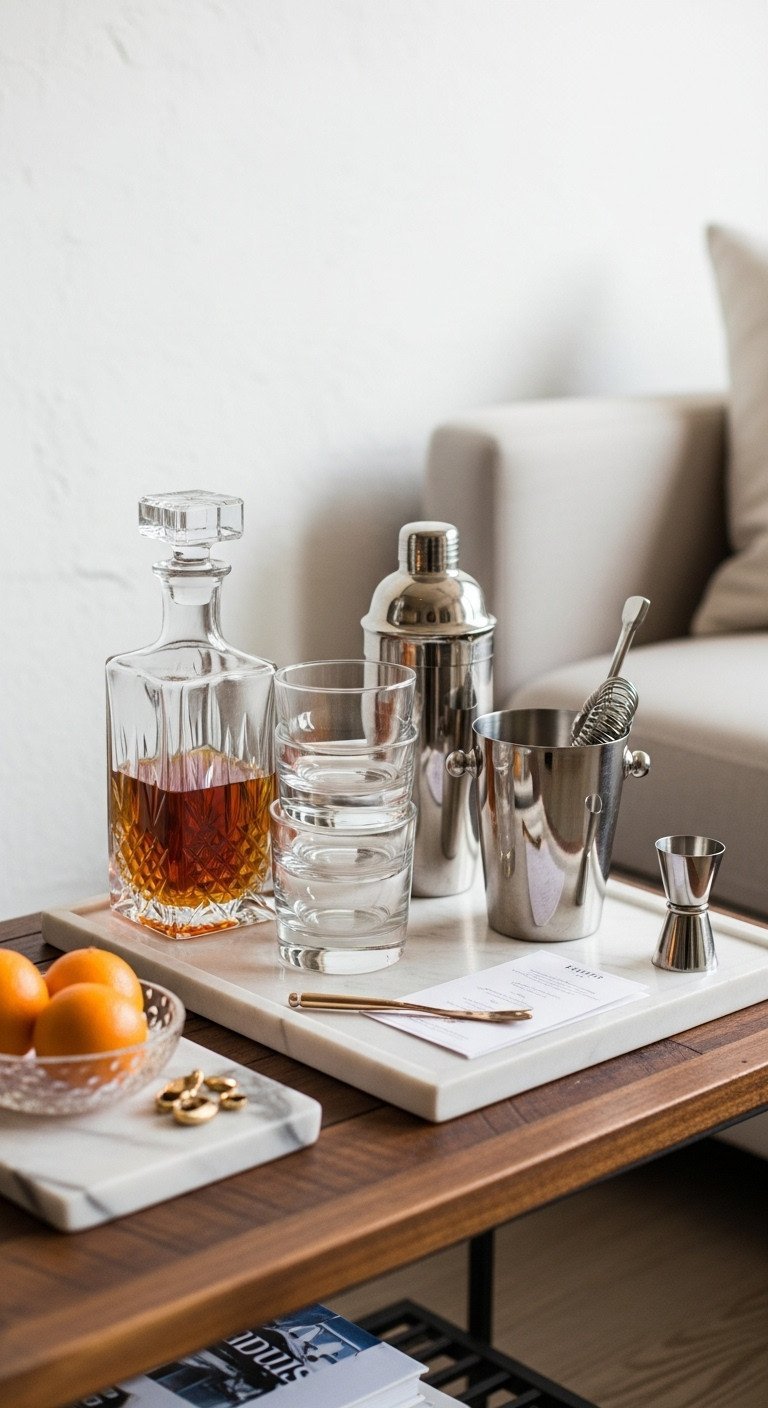 Chic compact bar area on a sleek wooden sofa table featuring crystal decanter, rocks glasses, cocktail shaker, ice bucket, citrus, mahogany hues.