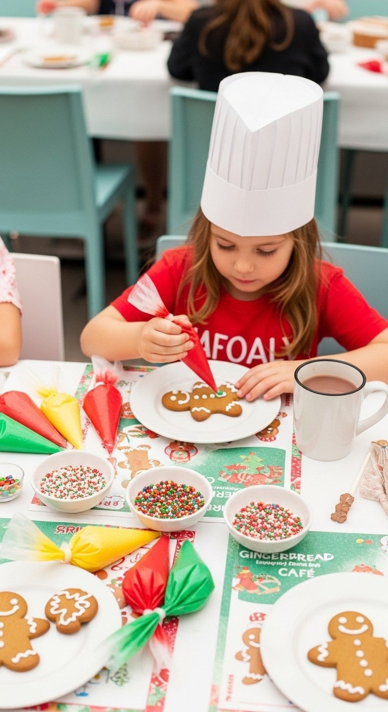 Child decorates gingerbread cookies with colorful icing and candy at a festive DIY Christmas cafe event, hot chocolate.