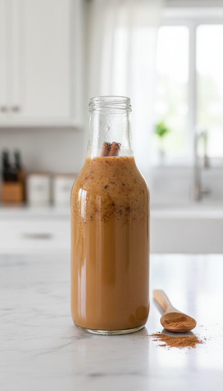 Chilled glass bottle of cinnamon dolce cream keto syrup with cinnamon sticks. Marble counter, ground cinnamon, spoon.