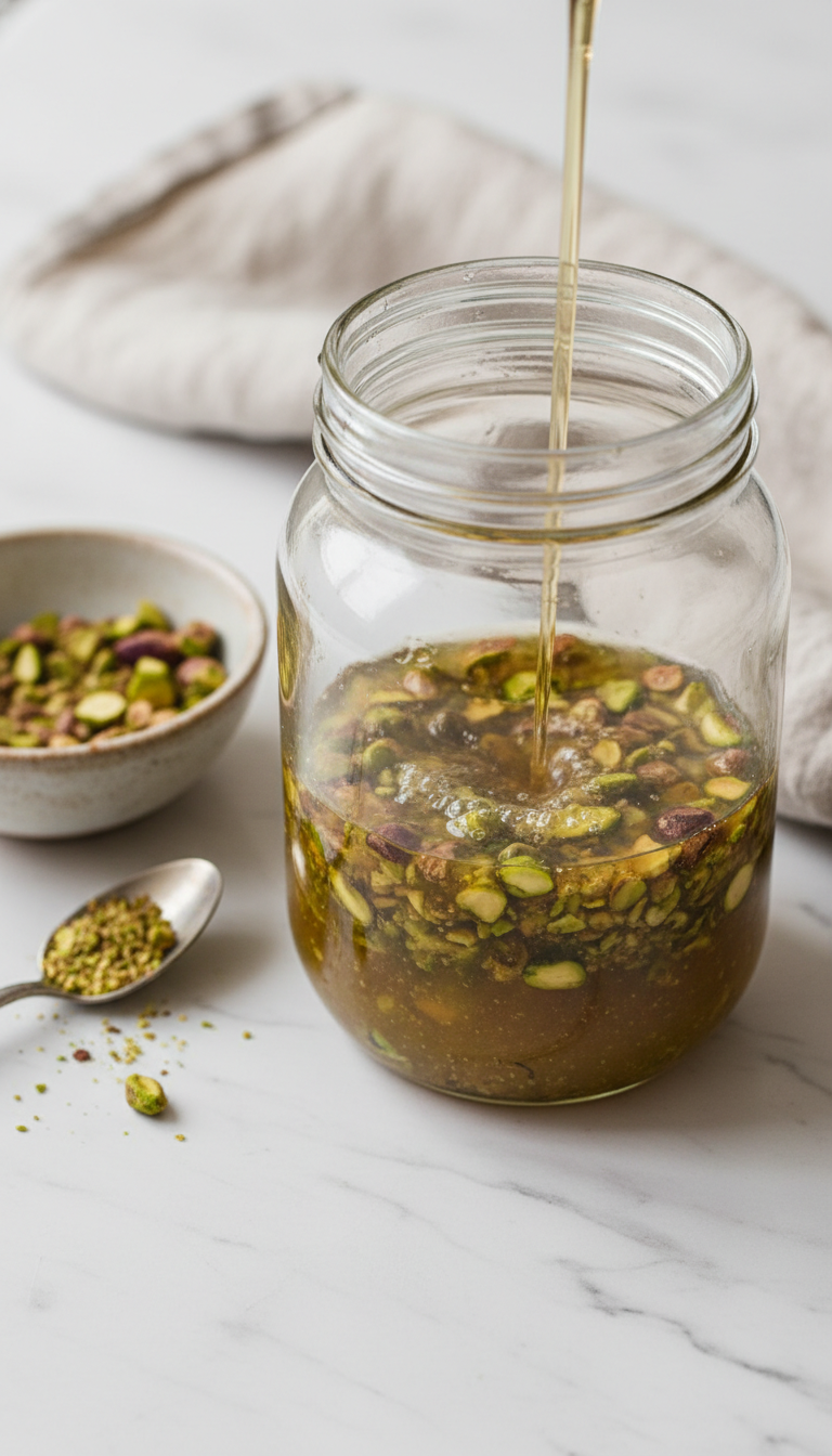 Chopped roasted pistachios infusing in warm clear simple syrup in a glass jar on marble, with nuts ready for infusion. Bright daylight.