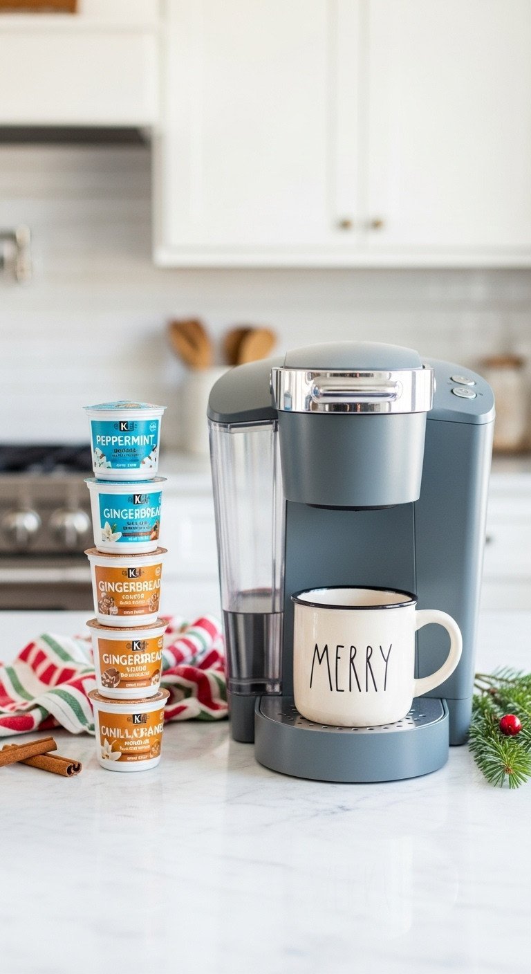 7 Best Christmas Coffee Blends & Easy DIY Recipes 5 Christmas coffee K-Cups, holiday flavors (peppermint, gingerbread), stacked with a single-serve maker on a marble counter.