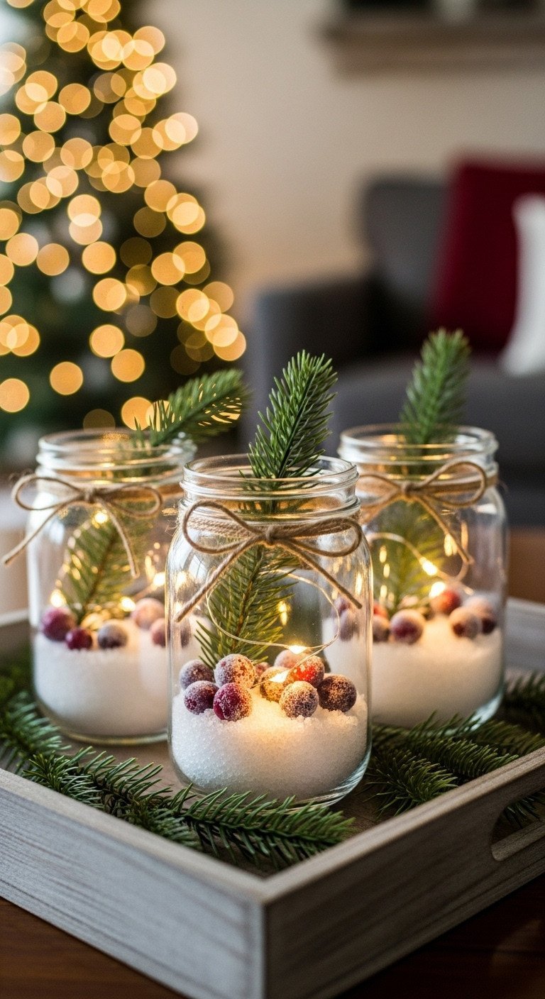Christmas mason jars with Epsom salt snow, frosted cranberries, evergreen, and warm fairy lights on a wood tray. Holiday DIY decor.