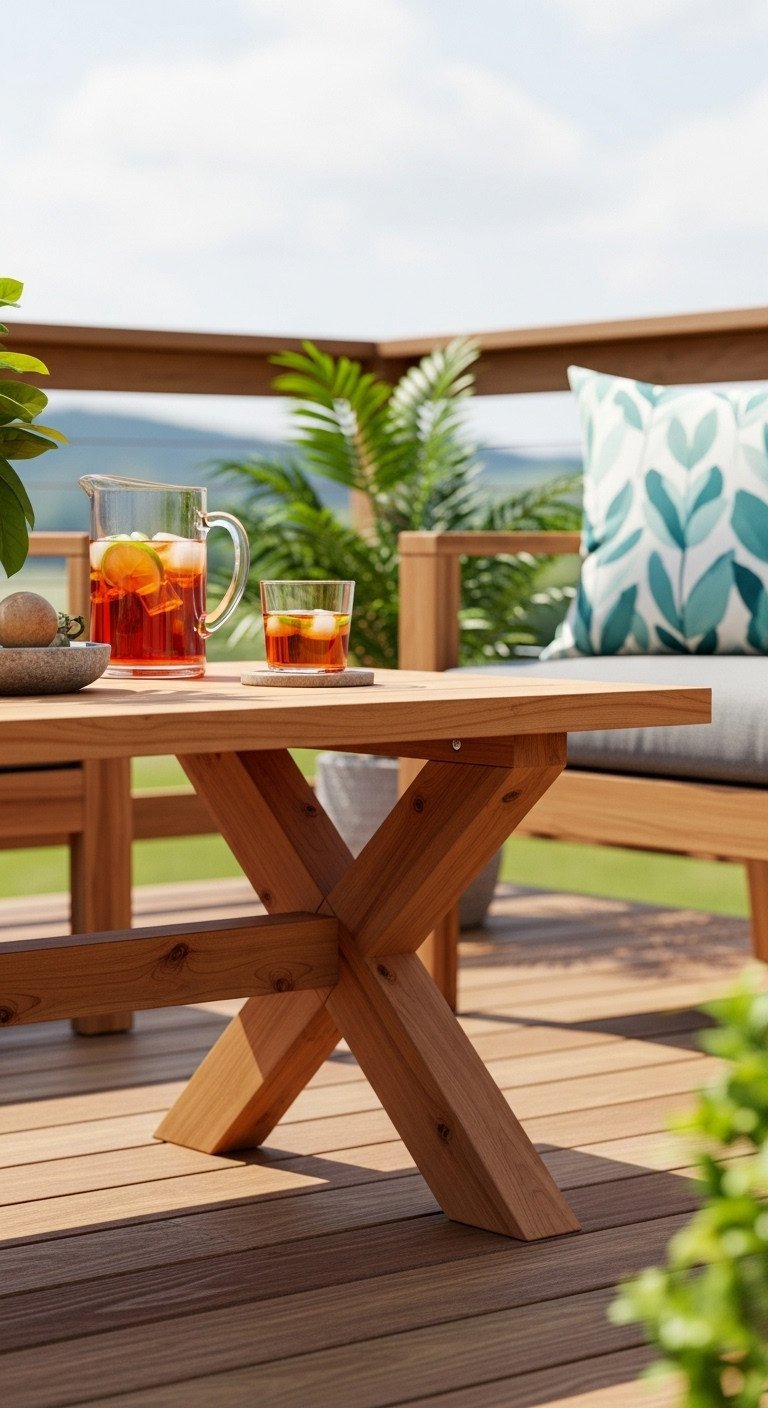 Chunky Cedar wood outdoor coffee table with rustic texture and sturdy legs, perfect for weather-resistant patio furniture.
