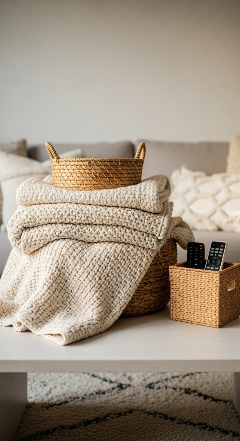 Chunky knit throw blanket on a white coffee table, with raffia storage box for remotes and woven baskets. Cozy, neutral living room decor.