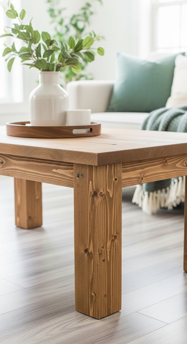 Chunky rustic coffee table from 2x4 lumber, distressed pine texture, robust design. Minimalist living room, fresh greens, natural wood.