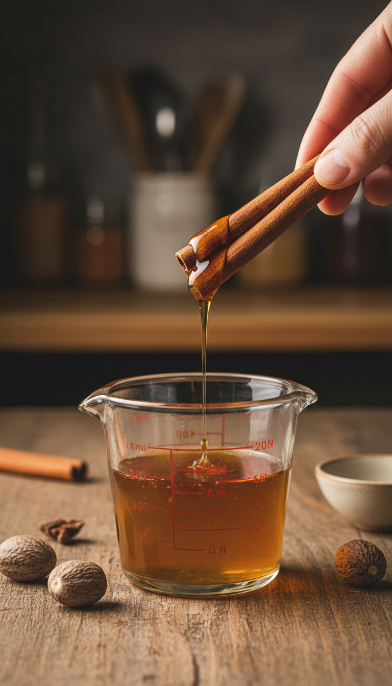 Homemade French Toast Coffee Syrup: Master Cafe Drinks Easily 3 Cinnamon sticks and maple syrup added to warm golden-brown simple syrup in a glass measuring cup on a rustic table with nutmeg.