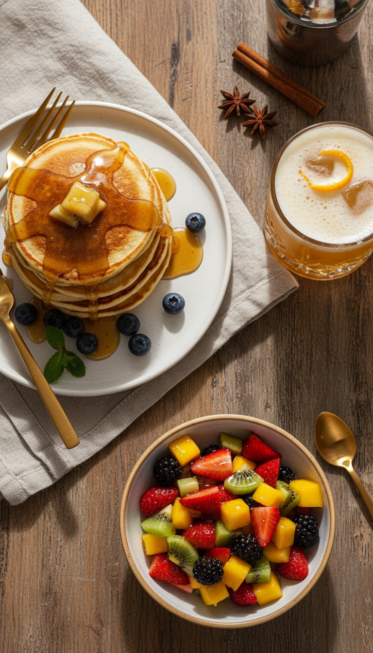 Homemade Cinnamon Coffee Syrup: Starbucks Copycat 15 Cinnamon syrup drizzled on fluffy pancakes, a spiced whiskey sour cocktail, and fruit salad, showcasing diverse culinary uses.