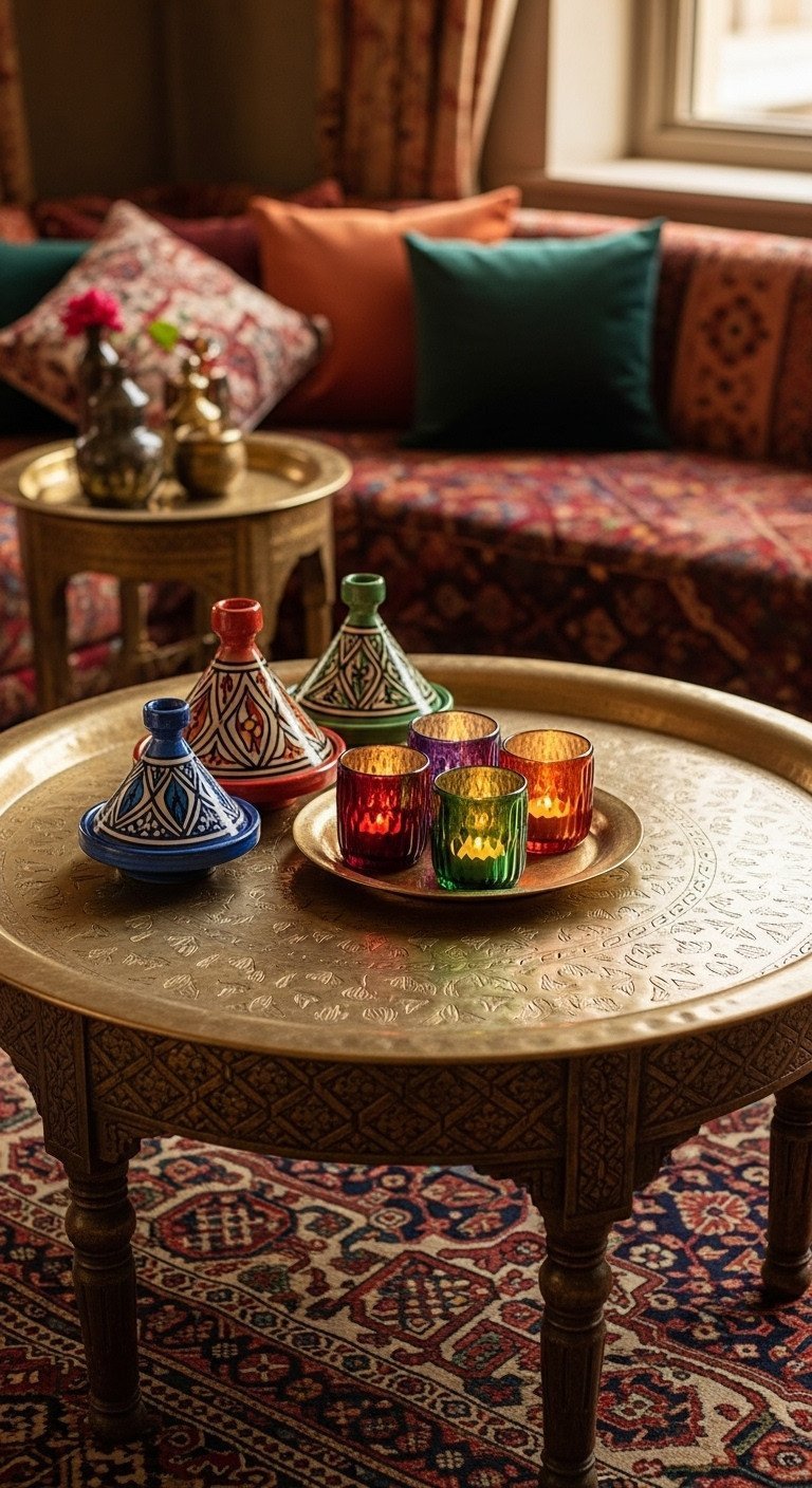 Discover 11 Genius Boho Coffee Table Ideas for Eclectic Homes 11 Circular Moroccan-style metal coffee table with vibrant tagines & tealight candles in a globally-inspired bohemian lounge.