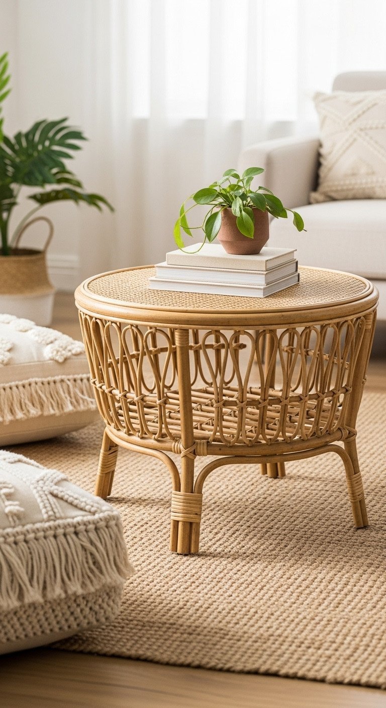 Discover 11 Genius Boho Coffee Table Ideas for Eclectic Homes 1 Circular rattan coffee table on jute rug, styled with neutral books & green plant in a bohemian living room.