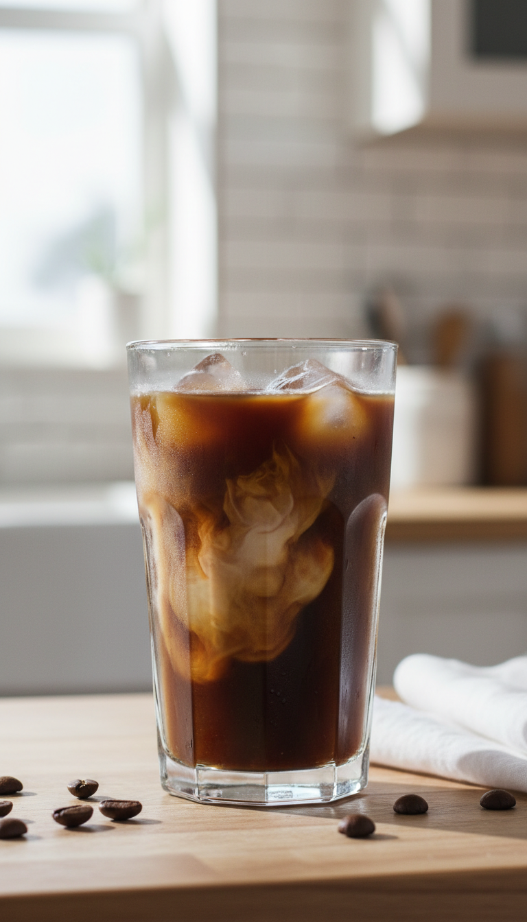 Classic Dunkin' Original Iced Coffee in a tall glass, with creamy milk swirling into dark coffee on a wooden table.