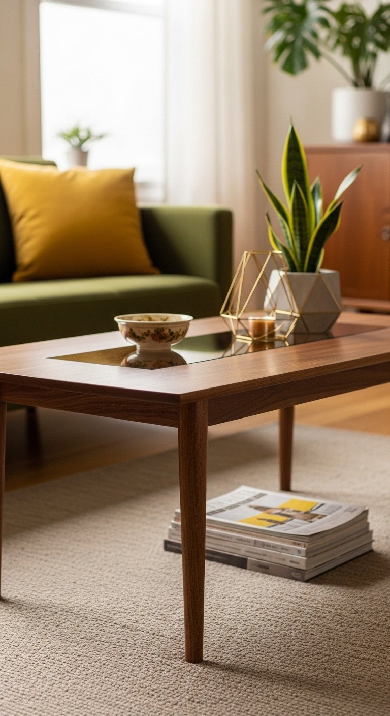 Curated Luxury Coffee Tables Finest Materials Unique Designs 5 Classic Mid-Century Modern walnut coffee table with tapered legs, smoked glass, cozy retro living room with green sofa.