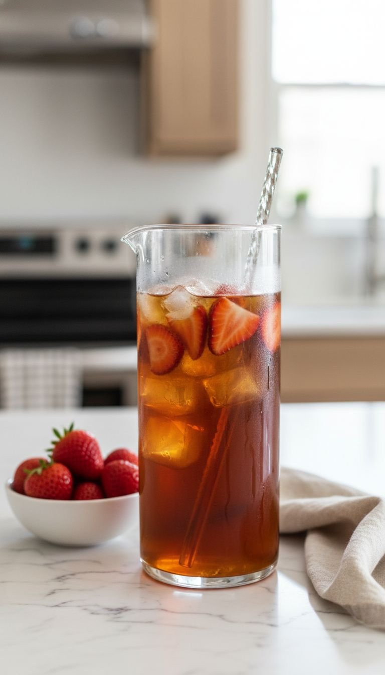 Classic Strawberry Iced Tea in a condensation-covered pitcher with fresh red strawberries, ice cubes on a marble counter.