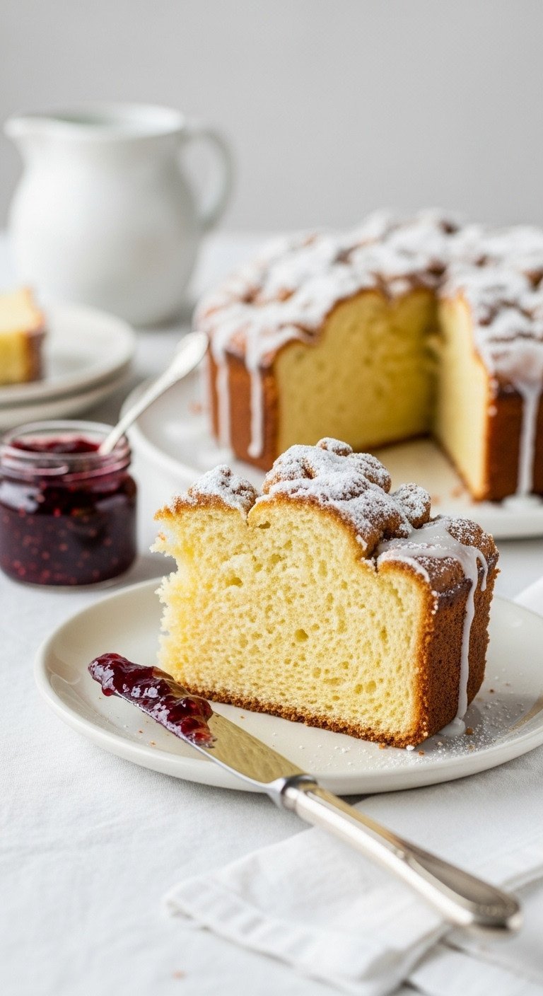 Best Moist Christmas Coffee Cake for a Perfect Holiday 11 Classic fluffy overnight yeast coffee cake slice with soft crumb, golden crust, powdered sugar glaze, and jam.
