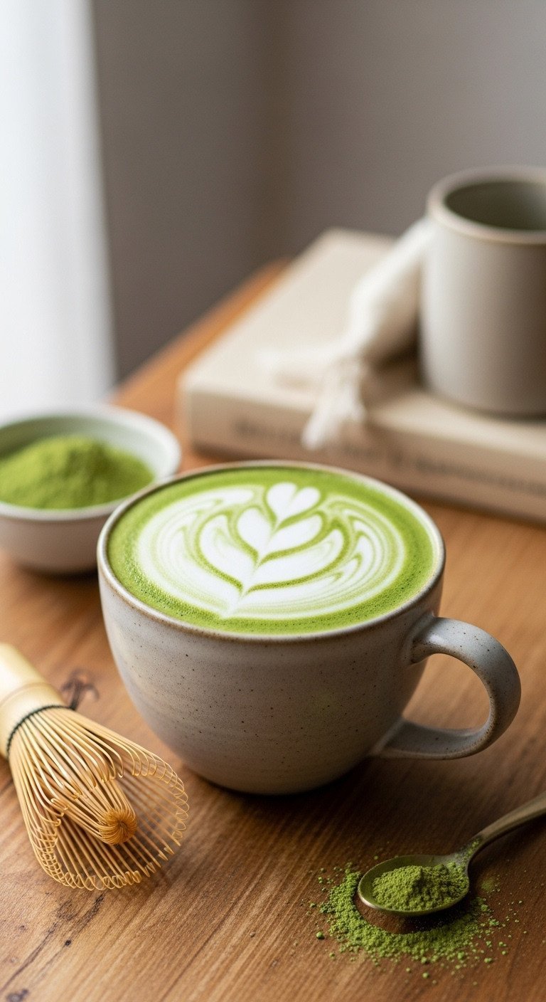 13 Perfect Green Tea Recipes Iced Matcha And No Bitterness 11 Classic hot Matcha latte with creamy green foam art in a ceramic mug on a rustic table, bamboo whisk, cozy healthy drink.