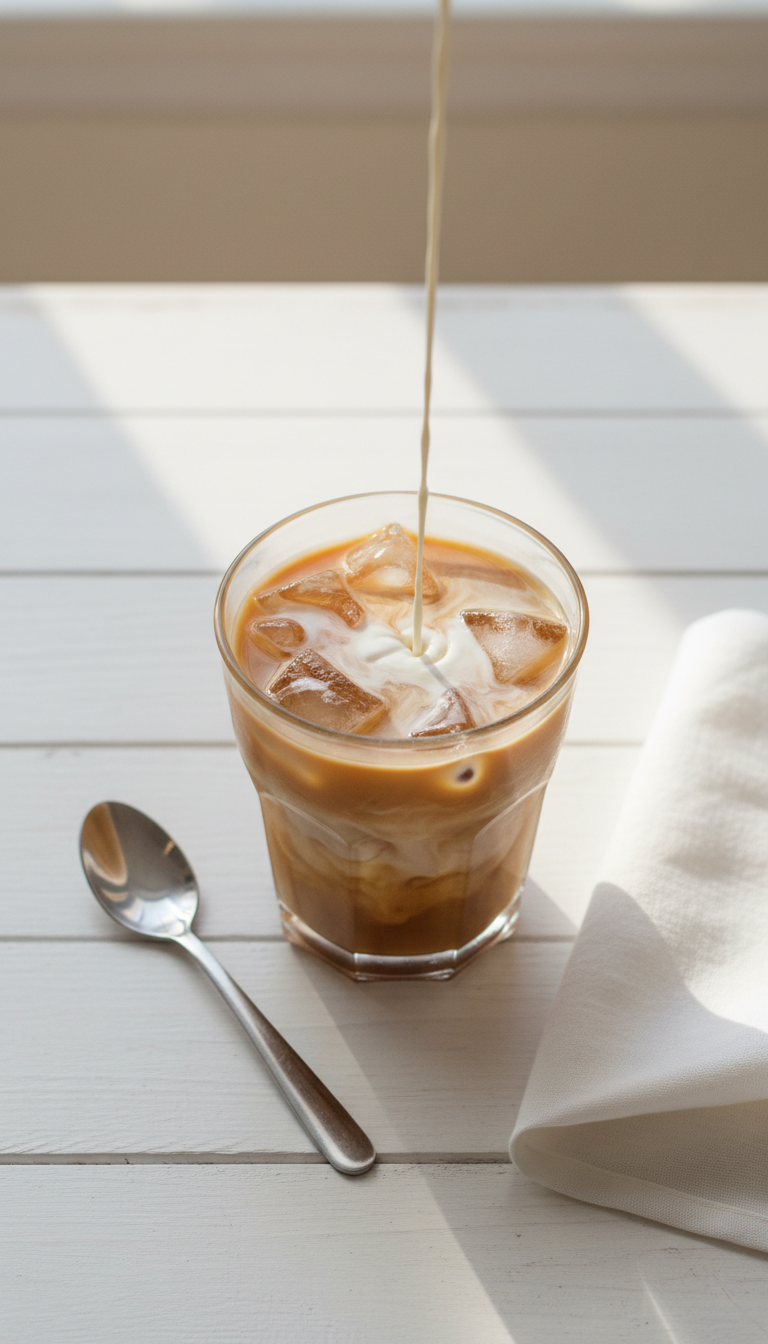 7 Sweet Dunkin Iced Coffee Orders: Ultimate Guide & Custom Tips 7 Classic sweet iced coffee, milk pouring into creamy light brown drink. Glass cup, white wooden table, spoon, soft natural window light.