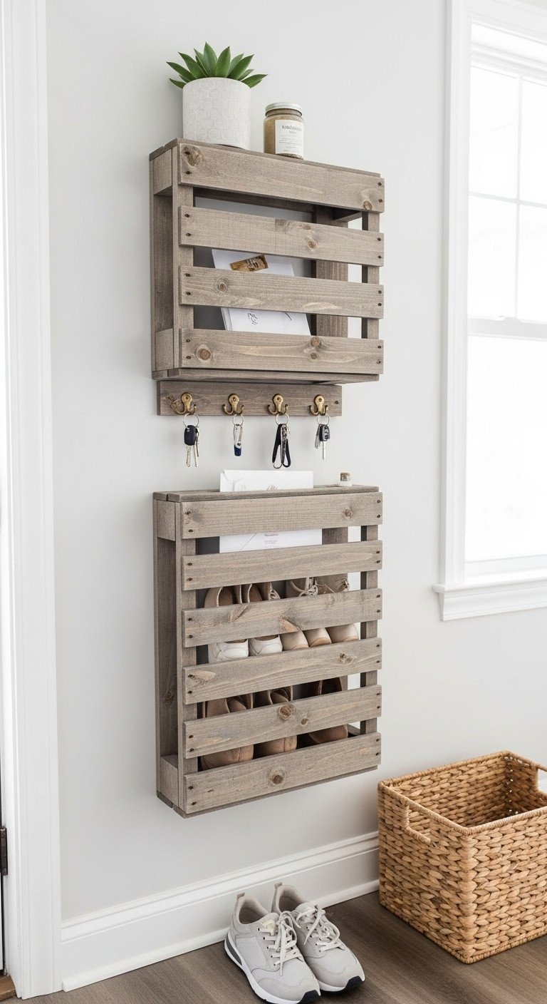 Clean entryway with DIY vertical pallet shoe rack and organizer, holding shoes, keys, and a potted succulent.