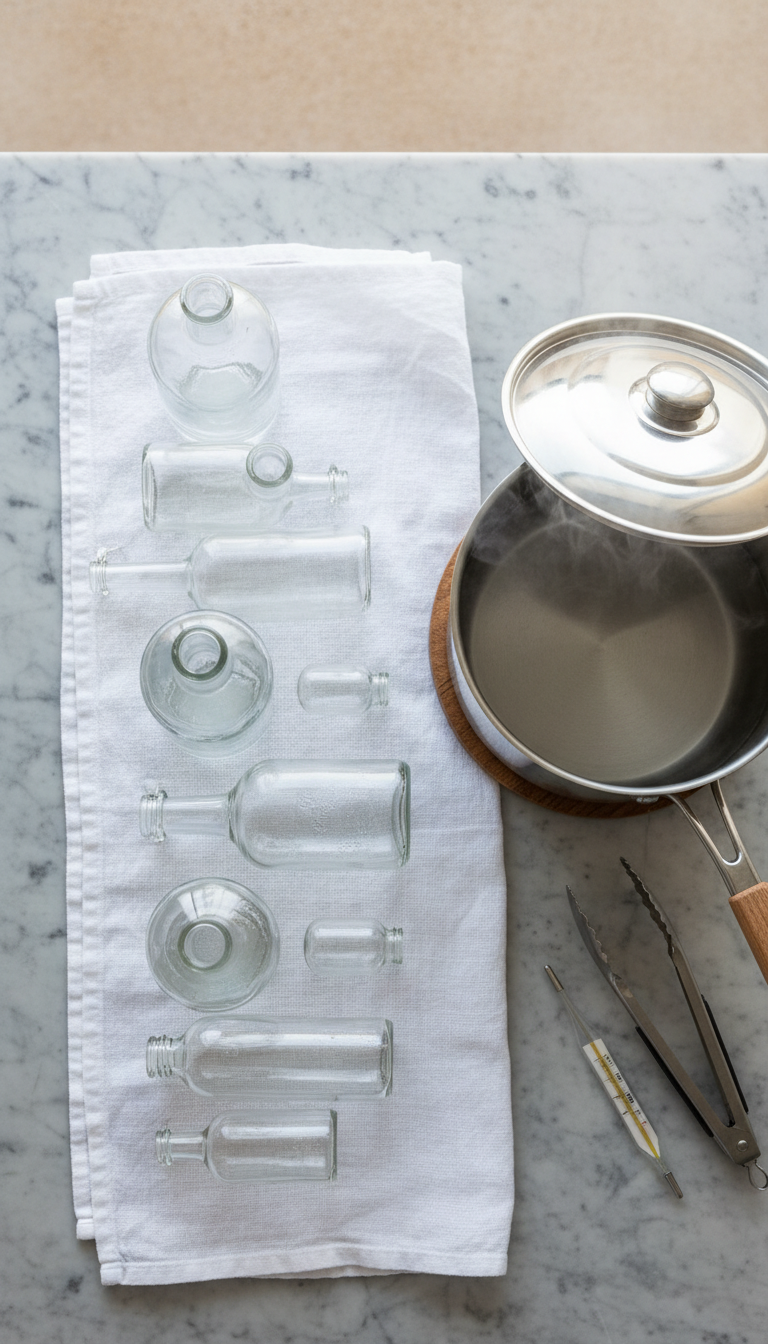 Homemade Coffee Syrup Jars: Design & Store Like a Pro 3 Clean glass syrup bottles sterilizing on a white linen towel, next to a steaming pot of boiling water for food preservation.