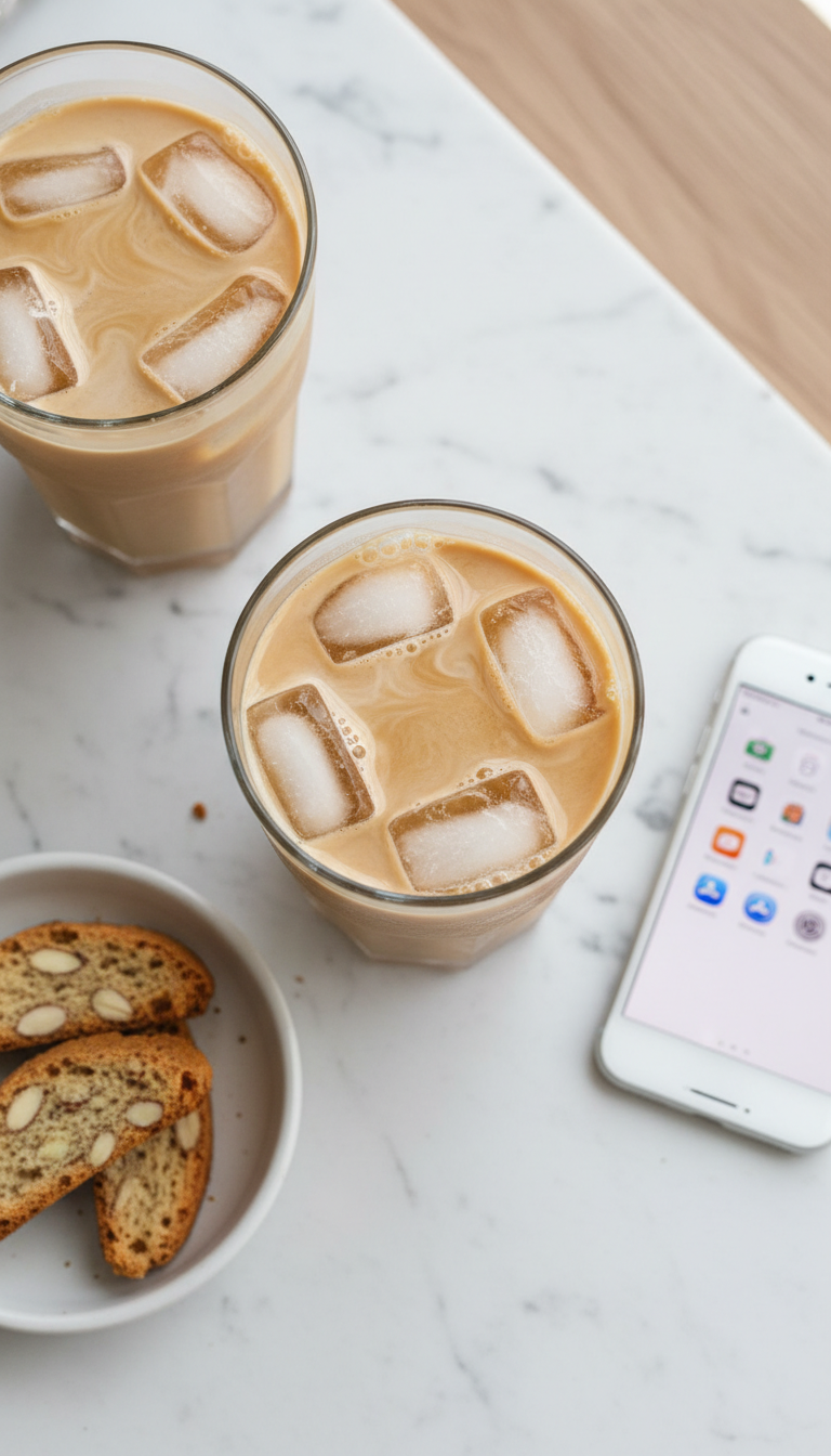 Clean iced almond milk macchiato, refreshing drink on marble. Calorie tracker app and low-sugar biscotti. Bright minimalist setting.