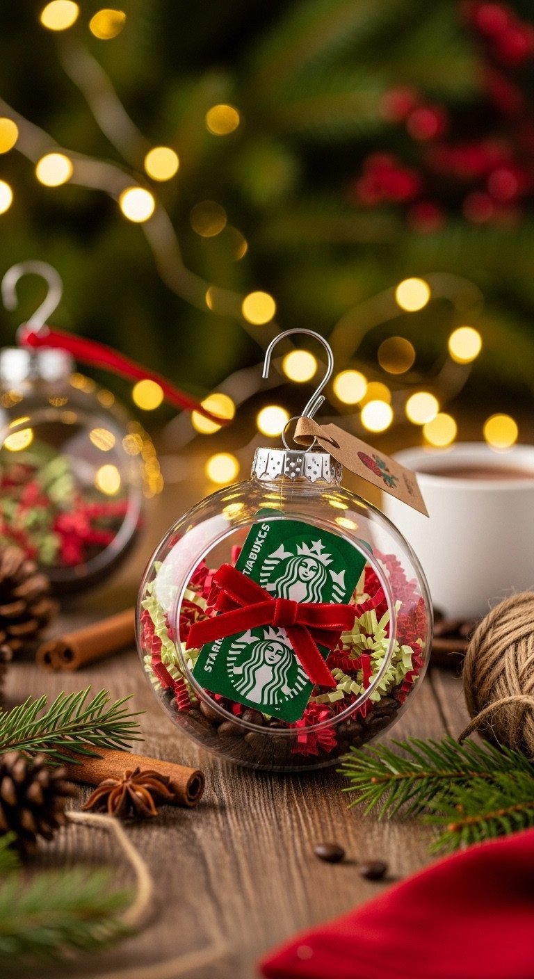 Clear Christmas ornament with Starbucks gift card, coffee beans, velvet ribbon inside, rustic holiday gift idea.