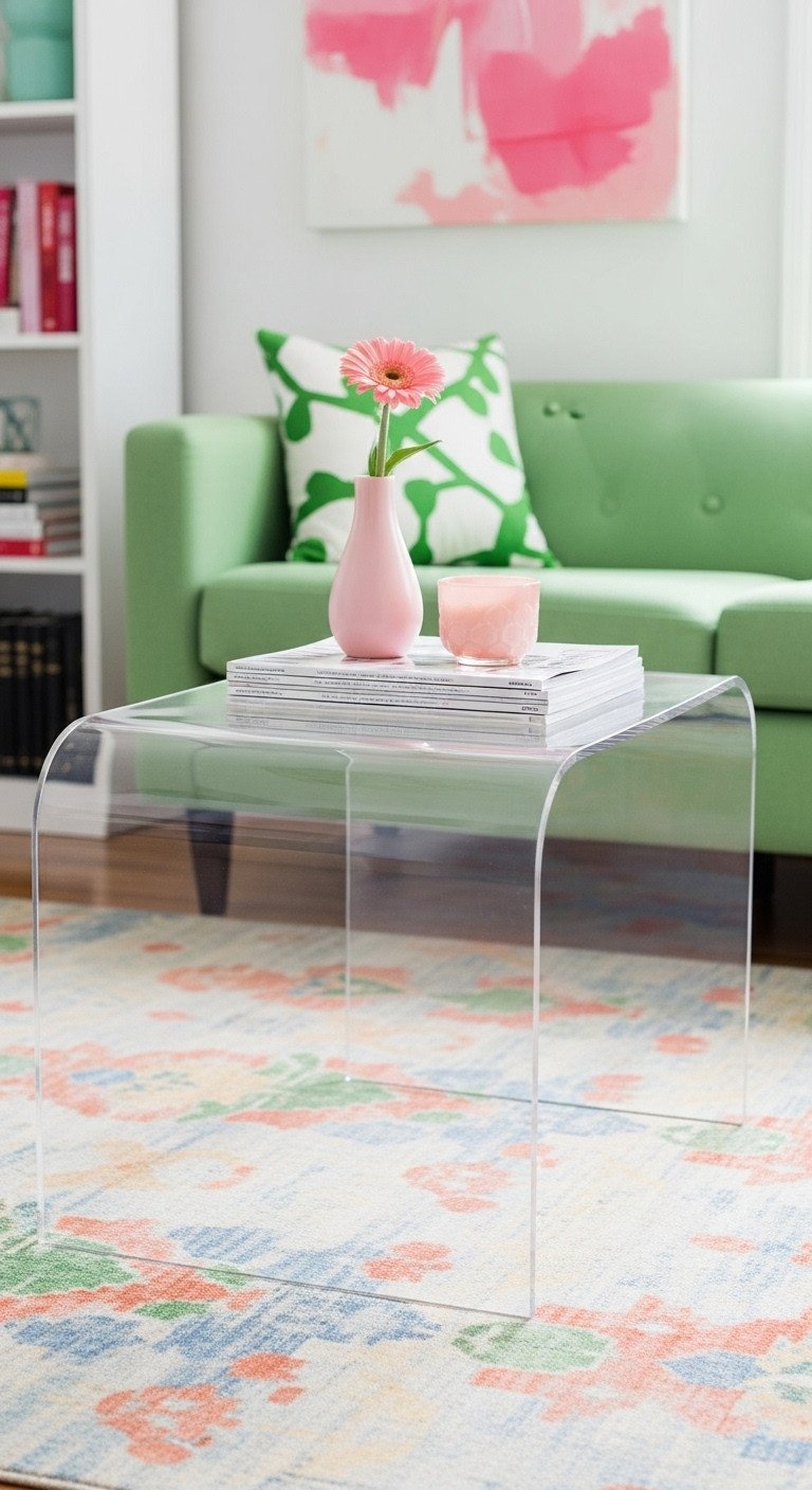 Clear acrylic 'ghost' coffee table, transparent waterfall design. Modern furniture in a bright, vibrant small space interior.