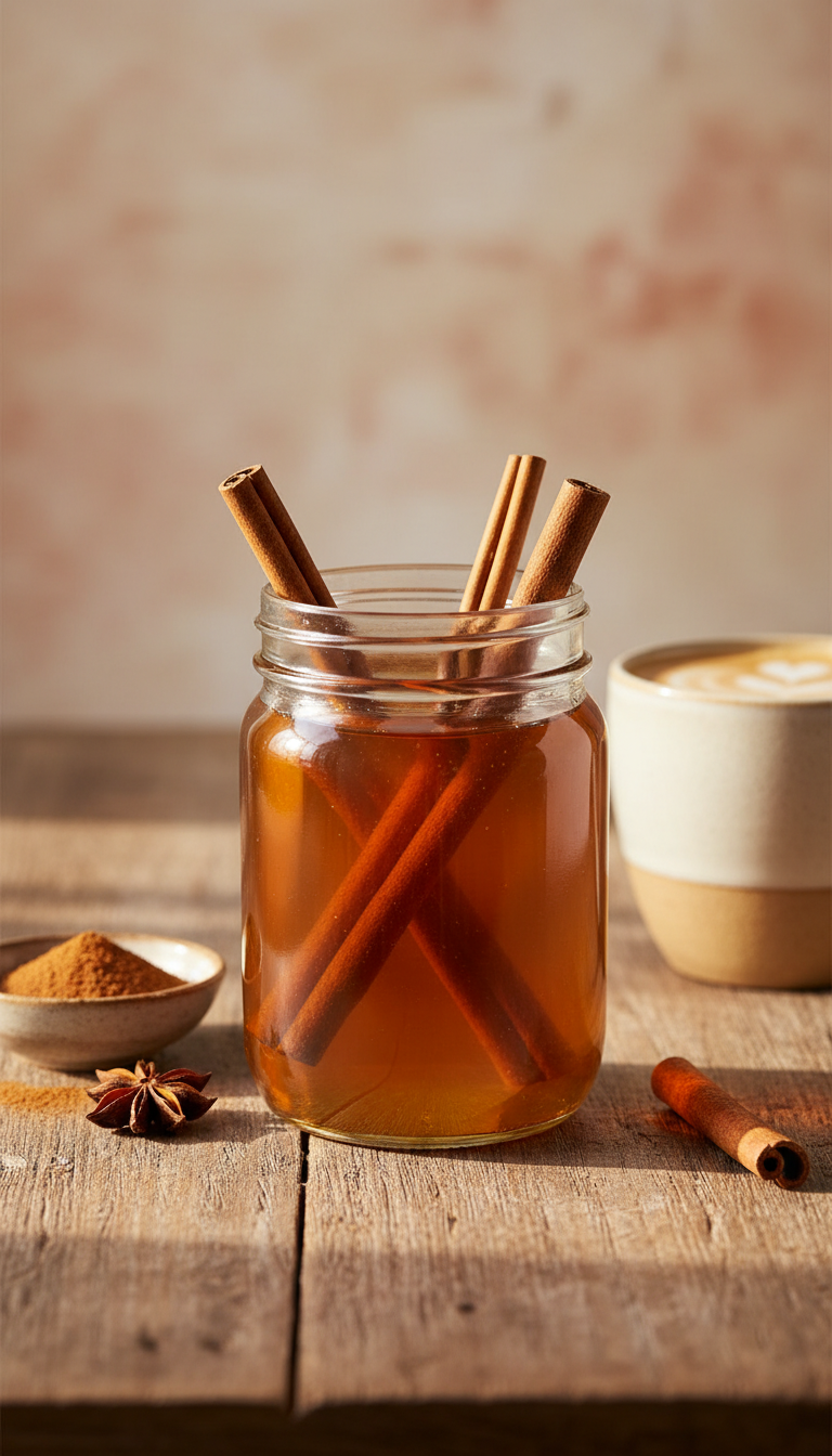 Clear cinnamon dolce coffee syrup in a jar, surrounded by cinnamon sticks, ground cinnamon, and star anise on a rustic table.