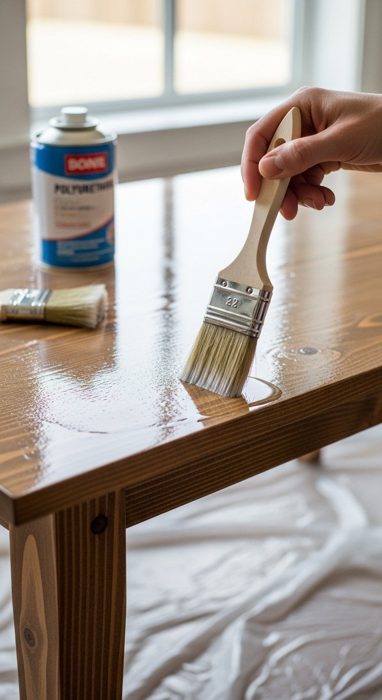 Clear coat expertly brushed onto a stained coffee table top, creating a glossy, reflective protective finish. DIY furniture.