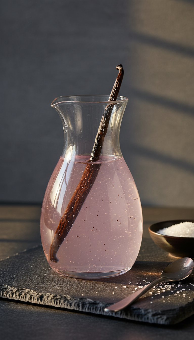 Homemade Coconut Coffee Syrup: Master Barista Flavor 13 Clear coconut syrup infusing with a split vanilla bean and seeds in a glass container on a dark stone surface.