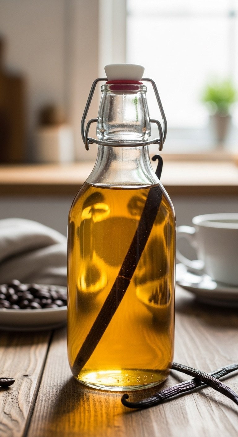 Perfect Homemade Coffee Syrup A Foolproof Recipe Guide 1 Clear glass bottle of golden homemade vanilla syrup with a vanilla bean inside, on a rustic wood table with coffee beans.