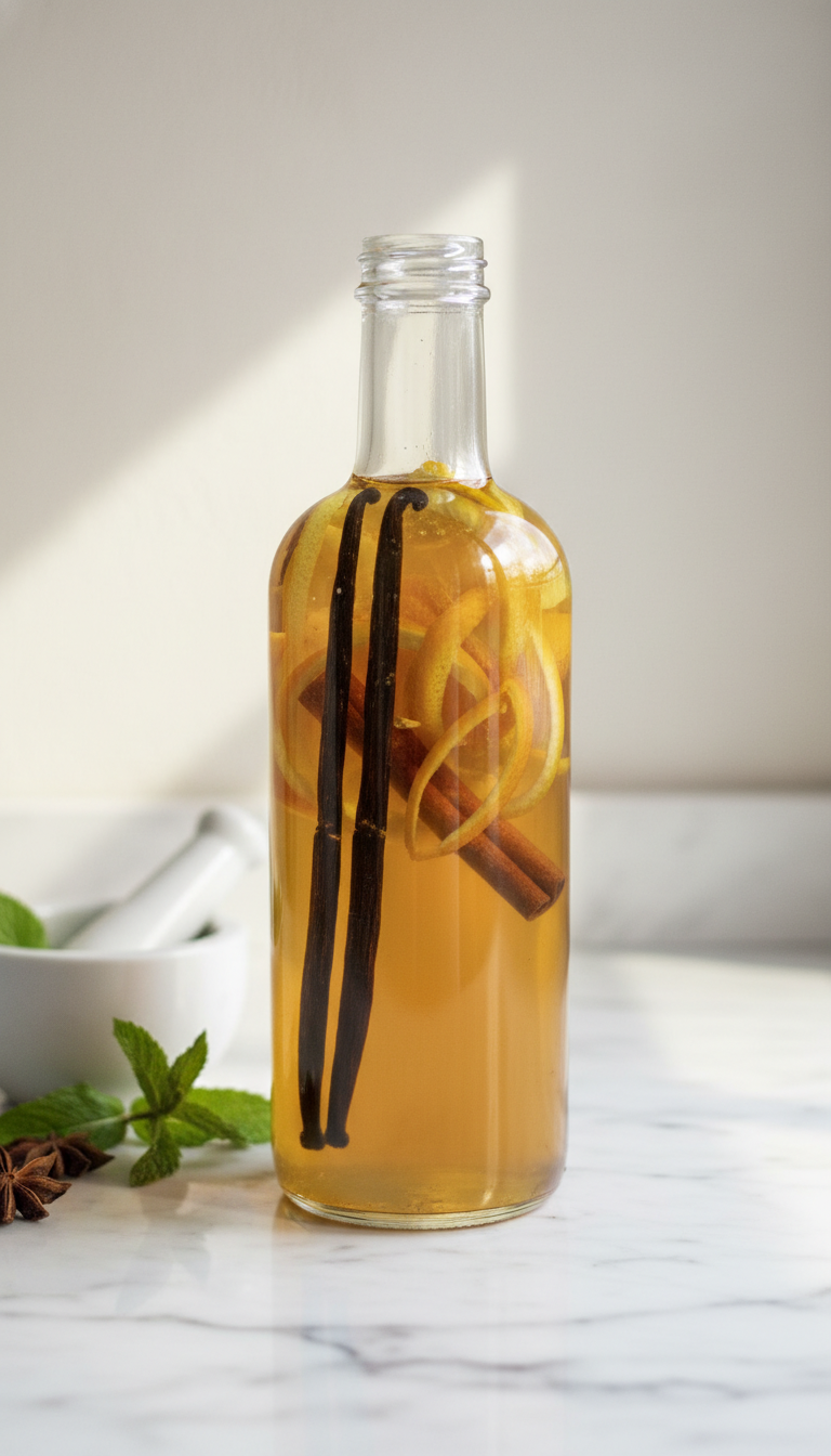 Clear glass bottle with simple syrup infusing vanilla beans, cinnamon sticks, and citrus peels on a marble counter.