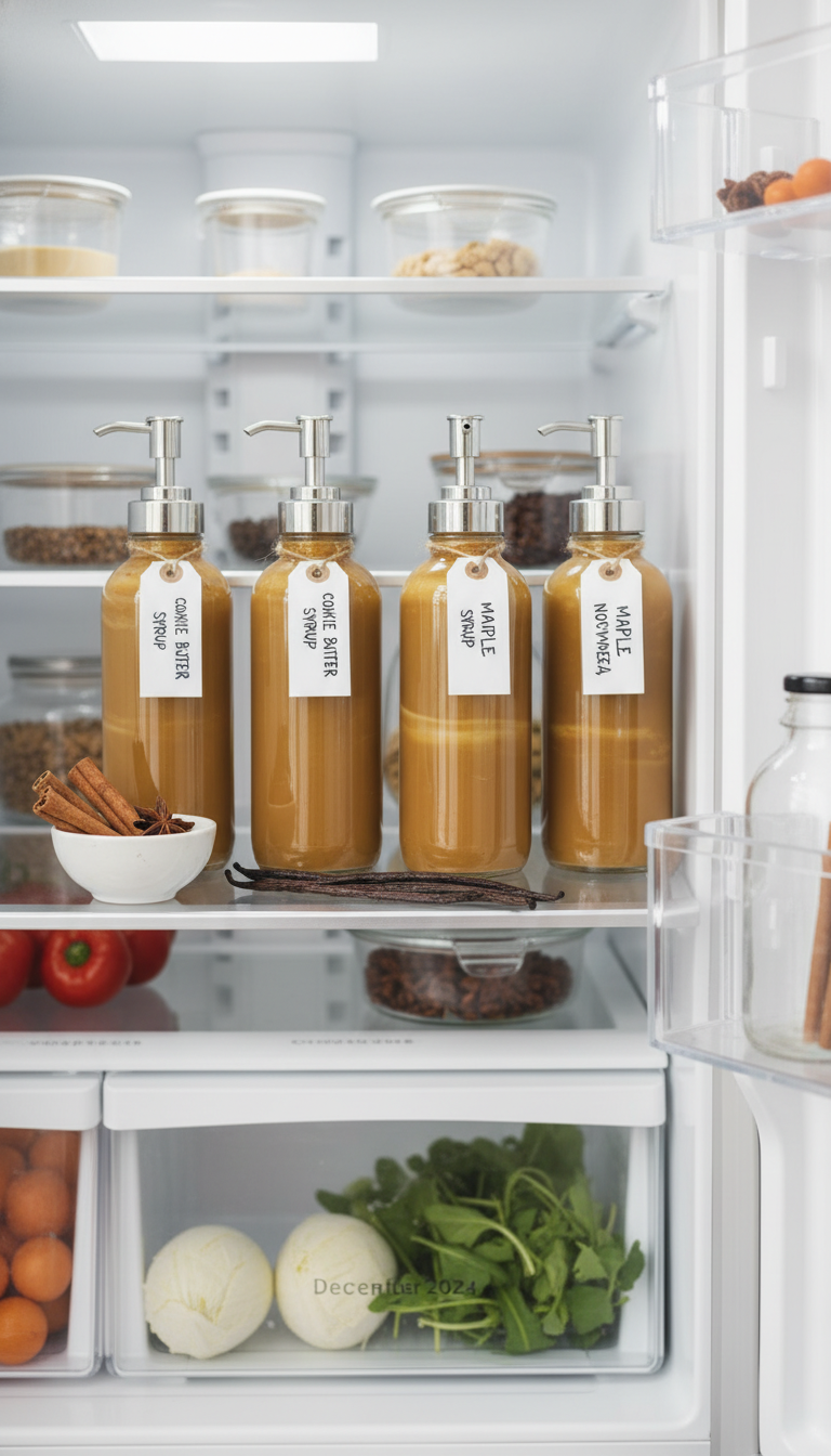 Homemade Cookie Butter Syrup: Easy Cafe-Style Recipe 13 Clear glass bottles of golden-brown cookie butter syrup neatly stored on refrigerator shelf. Bright daylight, organized kitchen.
